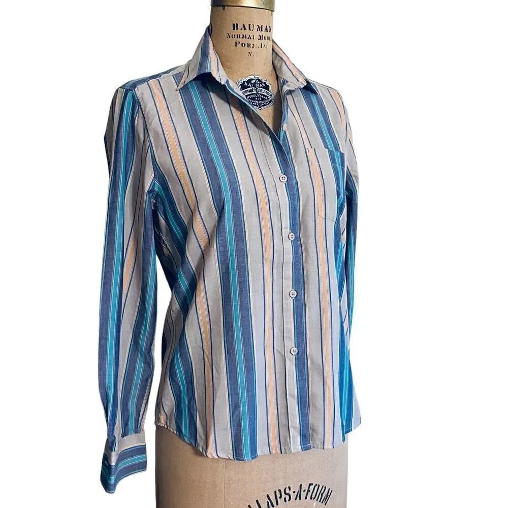 Vintage DVF Blue, Grey and orange Striped Button Down shirt